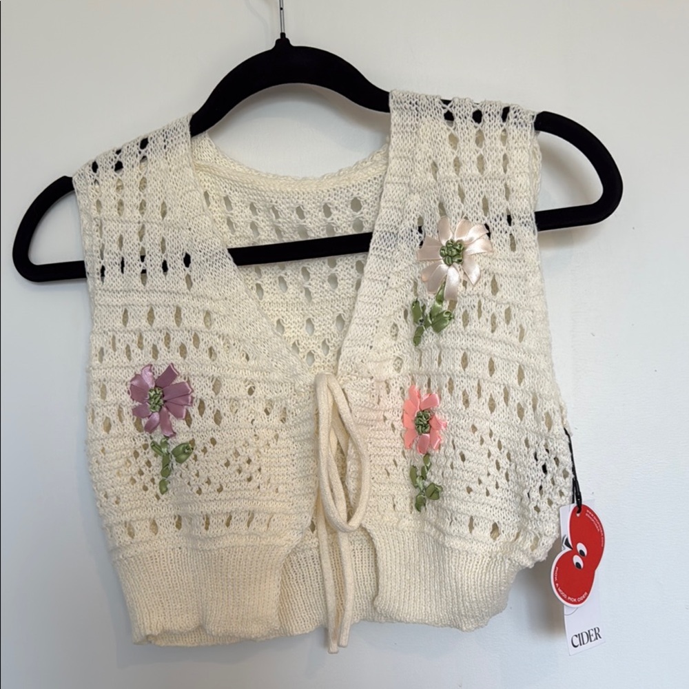 Cider Cream Crochet Vest with Floral Accents